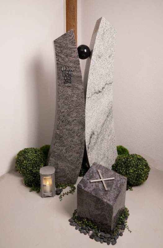 Doppelgrabstein ,,Marble" 3-teilig mit Sockel und Kreuz aus Edelstahl